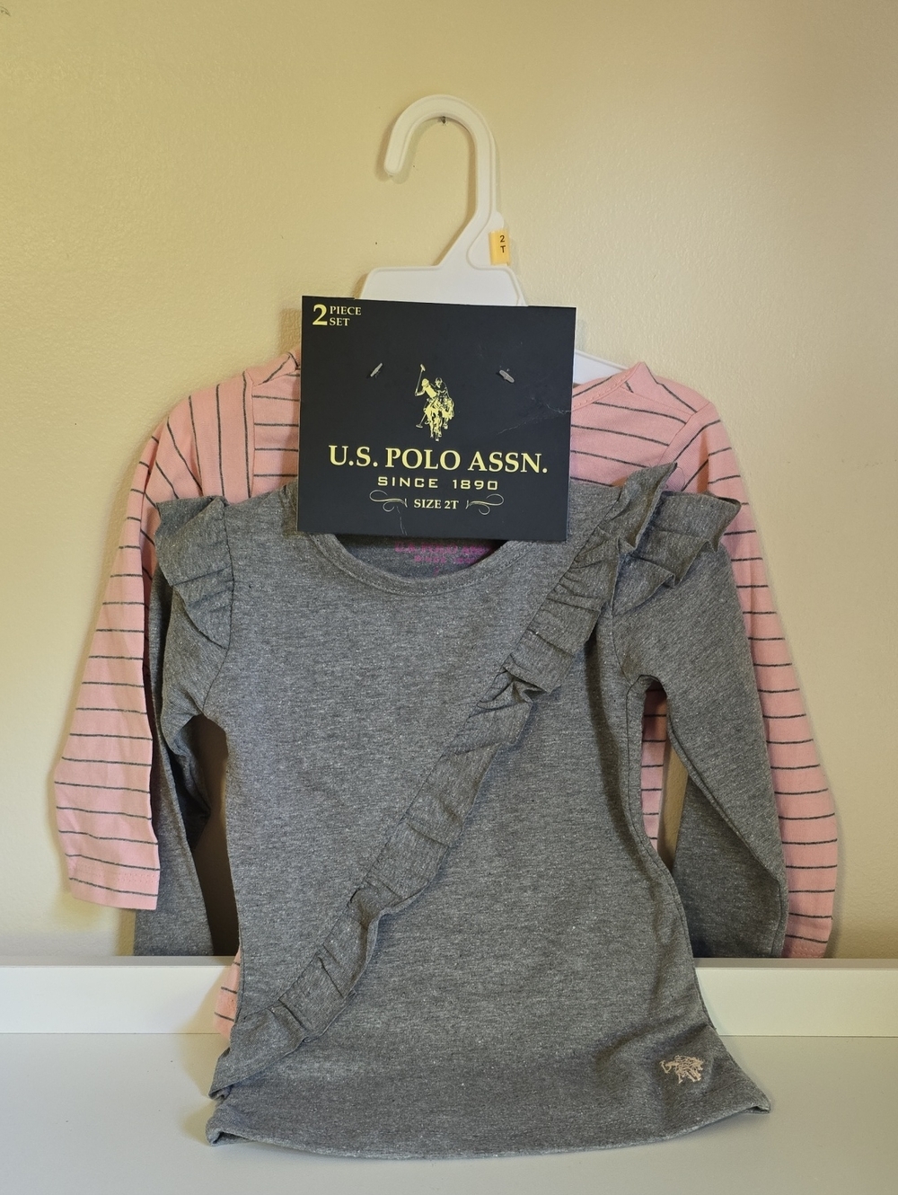 NWT U.S. Polo Assn. Girls Long Sleeve Tops - Pink Stripe & Gray Ruffle Size 2T